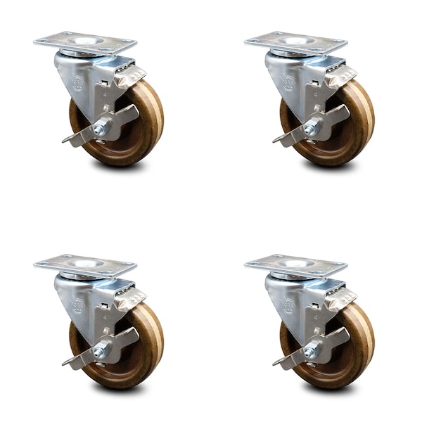 Service Caster SCC 4 in x 1.5" Brown High Temp Phenolic Wheel Swivel Casters w/Brakes, 4PK SCC-20S415-PHSHT-TP2-TLB-4 - main